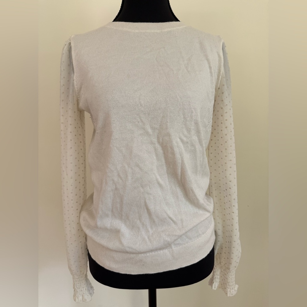 LOFT White Sweater with Sheer Polka Dot Sleeves